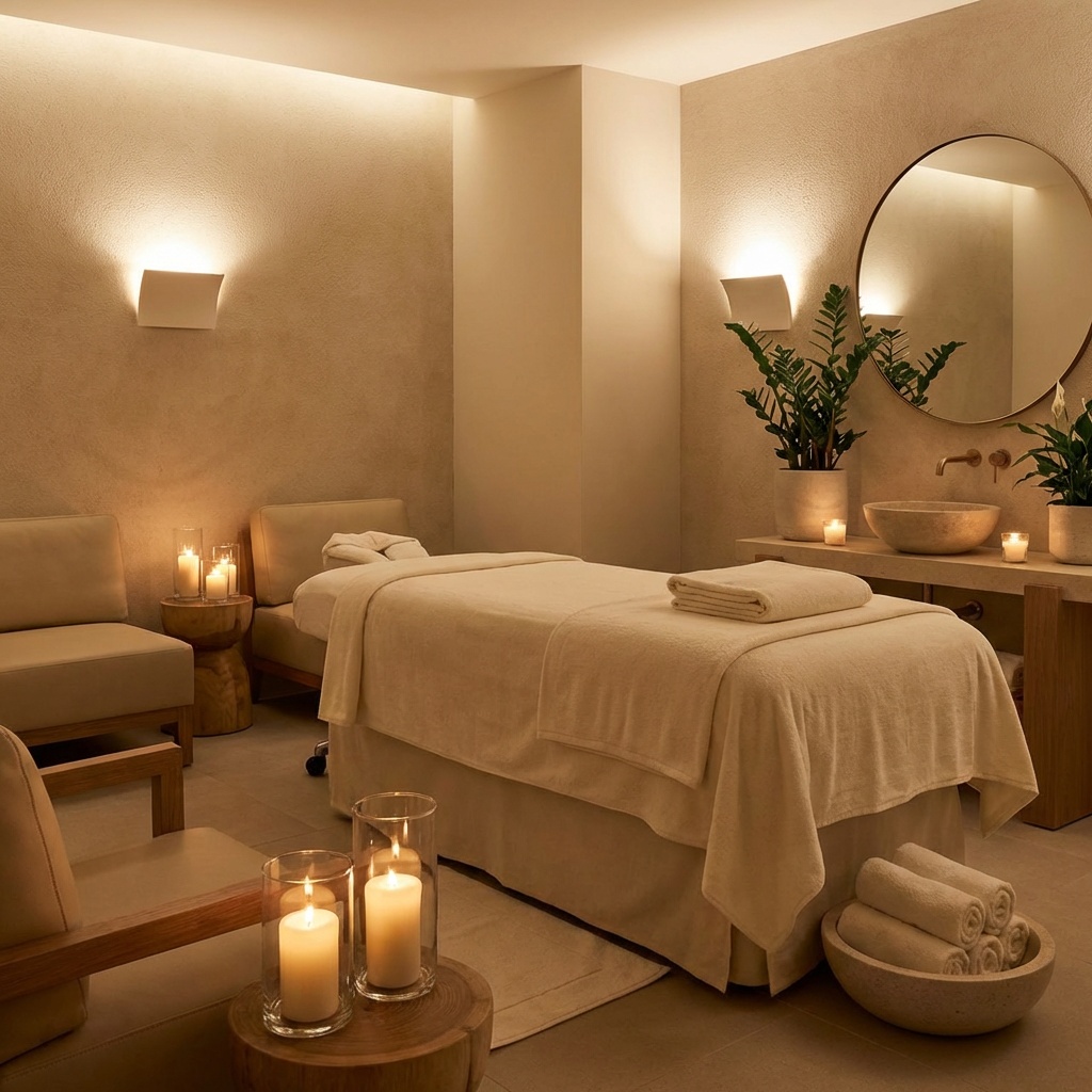 Тёплый интерьер массажного SPA-зала салона красоты ЗОНА КОМФОРТА